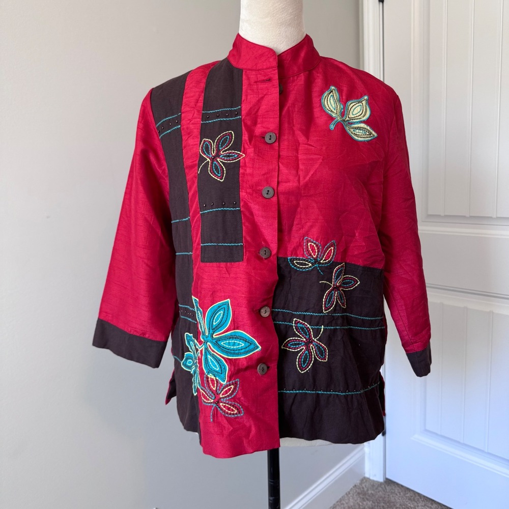 Koret Womens Red Black Embroidered Button‎ Front Jacket Mandarin Collar Size S